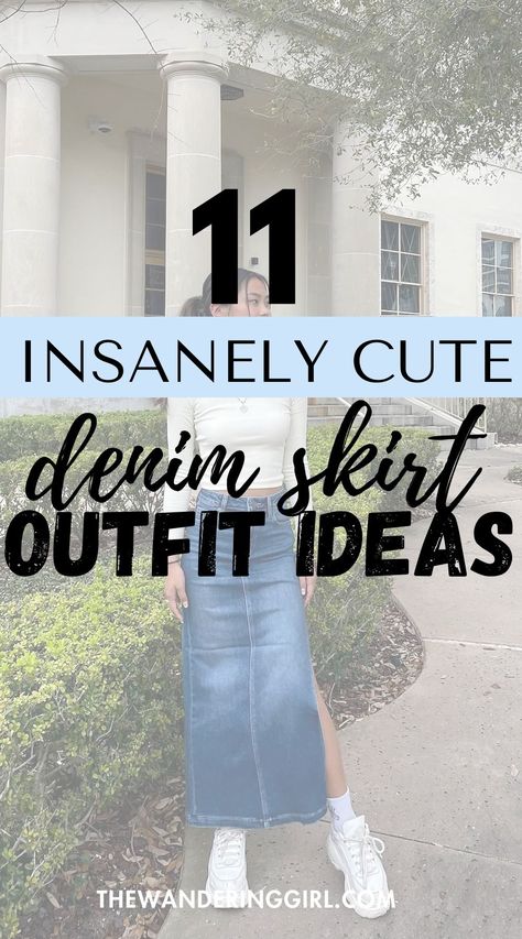 11 Insanely Cute Denim Skirt Outfit Ideas | What To Wear With Denim Skirt Long Denim Skirt Casual Outfit, Denim Midi Skirts, How To Style Midi Denim Skirt, Style Denim Midi Skirt, What To Wear With Long Denim Skirt, How To Wear A Jean Skirt, Styling A Long Denim Skirt, Styling A Denim Skirt, Denim Long Skirt Outfit Ideas