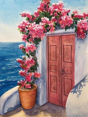 Anna Starkova Gallery of Original Fine Art Greek Door Painting, Greek Inspired Painting, Santorini Watercolor Painting, Paintings Of Greece, Canvas Painting Ideas Flowers, Santorini Greece Painting, Santorini Landscape, Santorini Painting, Greek Artwork