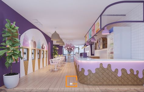 Rainbow Yogurt on Behance Ice Cream Store Interior, Ice Cream Parlour Interior, Ice Cream Shop Interior Design, Cute Ice Cream Shop, Artsy Interior Design, Candy Store Design, Pastel Interior Design, Ice Cream Menu, Ice Cream Business