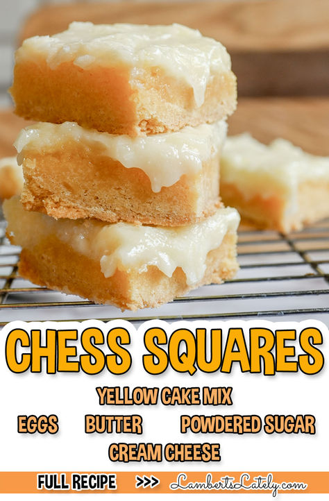 chess squares, with ingredient list. Easy Chess Bars, Cream Cheese Squares Yellow Cake Mixes, Chess Cake Recipe Easy, Chess Squares Easy, Chess Cake Recipe, Chess Squares Recipe, Chess Bars, Chess Cake, Chess Squares