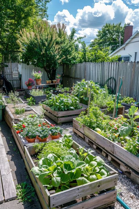 Backyard with raised garden beds filled with various vegetables and flowers, surrounded by a wooden fence and shaded by a large tree. Veggie Garden Small Backyard, Garden Aesthetic Vegetable, Townhouse Vegetable Garden, Garden Planning Ideas, Backyard Vegetable Garden Ideas, Working Garden, Backyard Vegetable Garden, Dream Backyard Garden, Urban Homestead