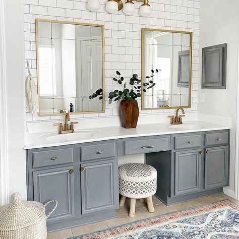 29 Likes, 1 Comments - Kitchen Cabinet Kings (@kitchencabinetkings) on Instagram: “Soothing colors and stylish textures make this double bathroom magical!✨ 10/10 design by…” House Bathroom Designs, Evergreen House, Grey Bathroom Vanity, White Bathroom Tiles, Traditional Bathroom Vanity, Gray Vanity, Gray Bathroom, Gray Paint, Bathroom Tile Designs