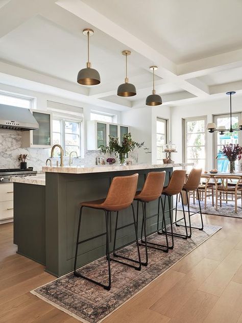 Modern Classic Kitchen Lighting, Contrast Kitchen Island, Colored Island Kitchen, Kitchen Island Colors With White Kitchen, Mandy Cheng, Classic Modern Farmhouse, Painted Kitchen Island, Green Kitchen Island, Moms Kitchen