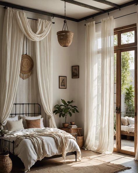 Layered Bedroom Curtains, Sunroom Bedroom Ideas Master Suite, Closet Curtains Ideas, Vintage Bedroom Curtain Ideas, Window Behind Headboard, Bed Curtain Ideas, Canopy Bed Ideas Aesthetic, Bedroom Curtains Aesthetic, Curtain Headboard Ideas