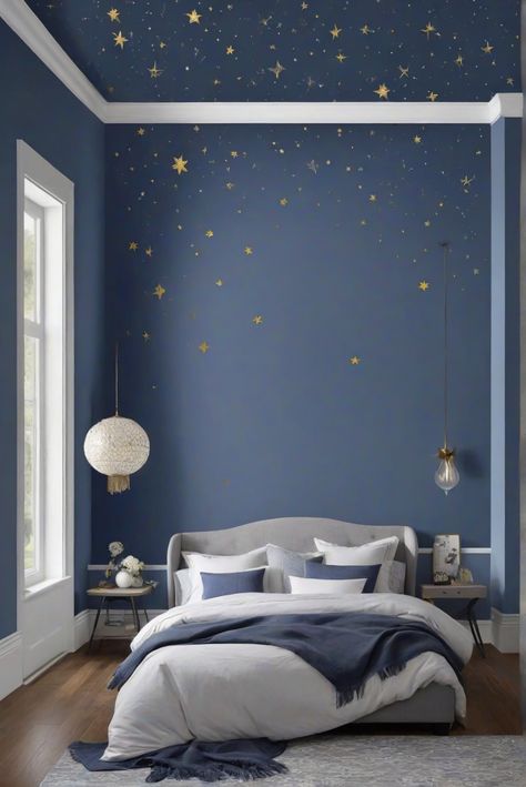 interior bedroom design, designer wall paint, home paint colors, paint color match Starry Bedroom Ceiling, Star Bedroom Aesthetic, Starry Night Room, Starry Bedroom, Starry Night Bedroom, Star Bedroom, Light Colored Furniture, Sanctuary Bedroom, Paint Can