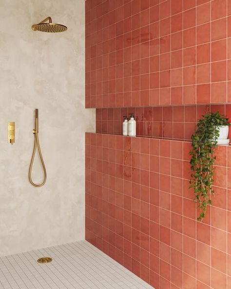 Coral Tiles Bathroom, Mexican Bathroom Ideas Mexico, Colored Tiles Bathroom, Midcentury Pink Bathroom, Eclectic Modern Bathroom, Peach Colour Bathroom, Modern Terracotta Bathroom, Coral And Blue Bathroom, Salmon Tile Bathroom