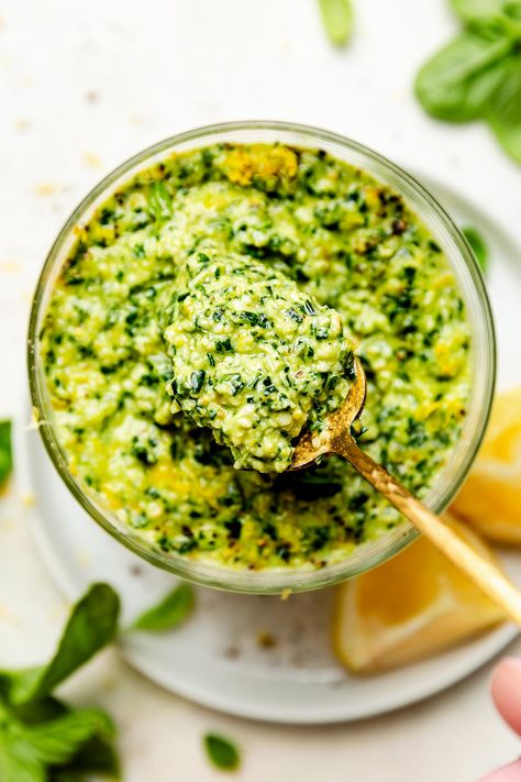 This simple Lemon Basil Pesto Sauce will be your new go-to homemade pesto recipe. It's a classic Genovese-style pesto made with basil, pine nuts, parmesan cheese, & extra-virgin olive oil, but its richness is balanced with the brightness of fresh lemon zest & juice. Made with 6 ingredients & ready in 5 minutes or less thanks to a food processor, this simple pesto is perfect for everything from pasta to pizza! Easily Vegetarian & Vegan. #pesto #pestosauce #basilpesto #basilrecipes #basilpesto Pesto Recipe No Nuts, Lemon Pesto Pasta, Lemon Basil Pesto, Pesto Sauce Recipe, Homemade Pesto Recipe, Basil Pesto Pasta, Healthy Pesto, Basil Pesto Sauce, Lemon Pesto