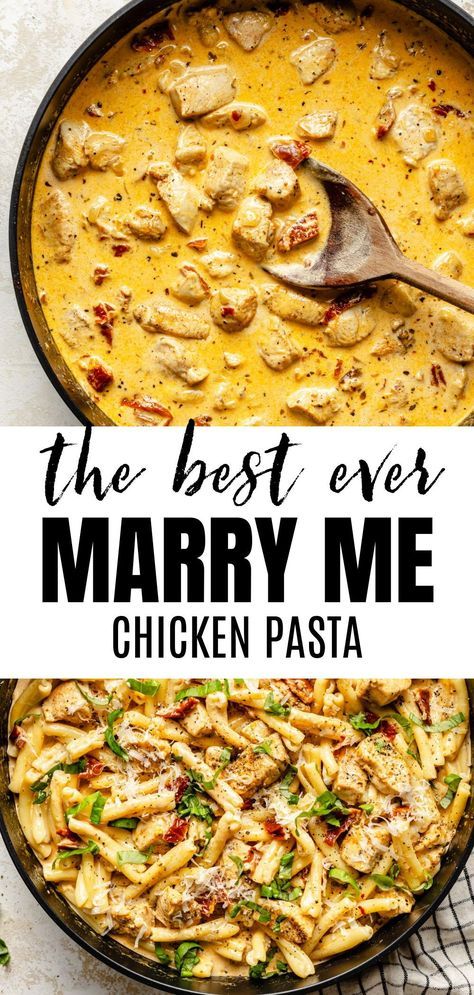 Marry Me Chicken Pasta is a combination of tender pasta and juicy chicken pieces that are smothered in a creamy garlic sundried tomato sauce. This 30 Minute Pasta is Quick, easy and SO good and will have everyone running to the dinner table! Make this recipe today from gimmedelicious.com Quick Italian Dinner Recipes, Quick Creamy Chicken Pasta, Quick Chicken And Pasta Recipes, Chicken Pasta Ideas For Dinner, Dinner For Fall Weather, Marry Me Chicken Recipe Pasta, Dinner Recipes Italian Main Dishes, Marry Me Chicken Pasta Healthy, Easy Monday Dinner