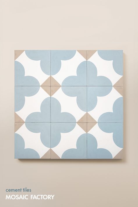 “Fiore” is back! This exquisite cement tile from Mosaic Factory’s new collection by the talented (IG)suzanne_sharp may look familiar. Not long ago we revealed a stunning encaustic floor featuring this model in a chic dark grey and bone colourway. This blend of blue-grey and beige captures a softness that will bring warmth to your space. Head over to our website to check this model or create your own bespoke colourway for your favourite pattern! All our cement tiles are fully customizable. Beige And Blue Bathroom, Encaustic Tiles Bathroom, Blue Pattern Tile, Blue Cement Tile, Grey Tile Pattern, Cement Tile Floor, Flooring Texture, Tiled Hallway, Mosaic Floor Tile