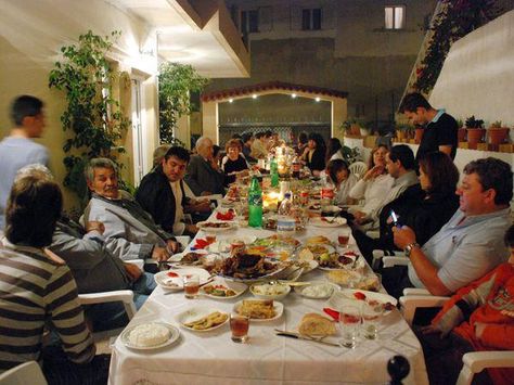 Greek family-dinner!  Greeks embrace life and family with zest.  Oopa!!! Greek Family Dinner, Greek Collage, Luxury Island, Family Roles, Close Family, Culture Food, Island Dining, Greek Culture, Family Ties