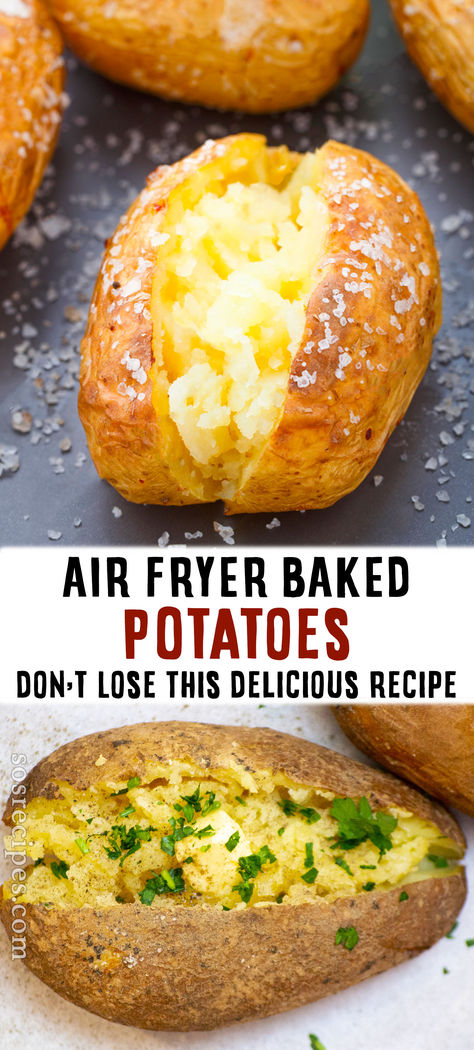 Baked potatoes are a special kind of comfort food, and this air fryer recipe is just perfect. It has a crispy savory outside, and a smooth and soft inside. Making it in the air fryer cuts down on the duration of any other cooking methods. They are served with your go-to topping for a delicious experience. Bakes Potatoes In Air Fryer, How To Air Fry Baked Potato, Baker Potato In Air Fryer, Air Fried Baked Potato, Air Oven Fryer Recipes, Best Air Fryer Baked Potatoes, Easy Air Fryer Baked Potato, Airfryer Baked Sweet Potatoes, Airfryer Baked Potatoes