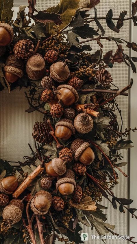 Decorating Ideas for Fall Mantels for a Cozy Home - The Garden Style Woodsy Christmas Wreath, Wreaths With Oranges, Grapevine Winter Wreath Ideas, Diy Harvest Wreath, Diy Pinecone Wreath Christmas, Fall Decor With Mushrooms, Unique Fall Wreaths Diy, Acorn Wreaths Fall Crafts, Home Thanksgiving Decor