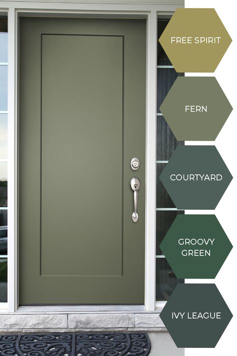 Make your friends + family green with envy with a beautiful new front door for your entryway. Add front porch decor to complement the color for a one-of-a-kind look. Rustic Door Colors, Modern Green Front Door, Front Door Color With Light Brick, Green Paint For Front Door, Painted Entry Doors, Different Kinds Of Green Color, Front Door Colors Neutral, Accent Color Front Door, Sage Green Front Door Tan House