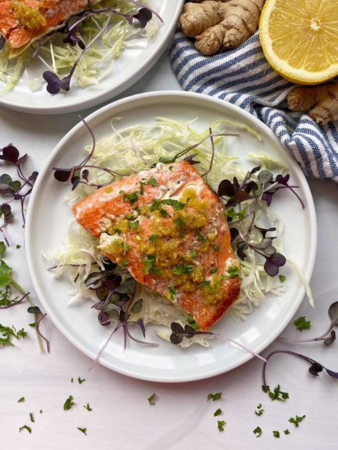 The Best Lemon Ginger Salmon (Pan Cooked) - Bake It Paleo Ginger Salmon Recipes, Pan Cooked Salmon, Cooked Salmon Recipes, Whole30 Salmon Recipes, Easy Salmon Recipe, Baked Salmon Lemon, Simple Paleo, Ginger Salmon, Aip Paleo Recipes