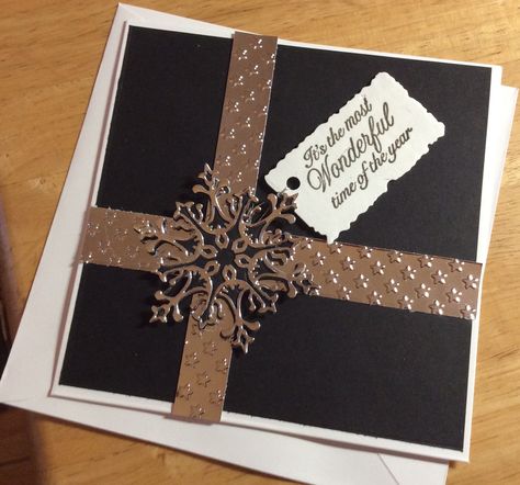 https://flic.kr/p/2jACFoU | Elegant Christmas card | This is a six inch card. Black backing paper, two strips of bright silver to simulate a beribboned present.....a large snowflake cut in black for the under layer and silver for the top layer. The sentiment is stamped in Tuxedo black and heat embossed with clear powder......the snowflake and the sentiment are attached with dimensional tape. This is an elegant card. I have written a special verse to go inside. Black Christmas Cards Handmade, Pvc Crafts, Black Christmas Cards, Elegant Christmas Cards, Black White Christmas, Metallic Christmas, Scrapping Ideas, Red White Christmas, Tuxedo Black