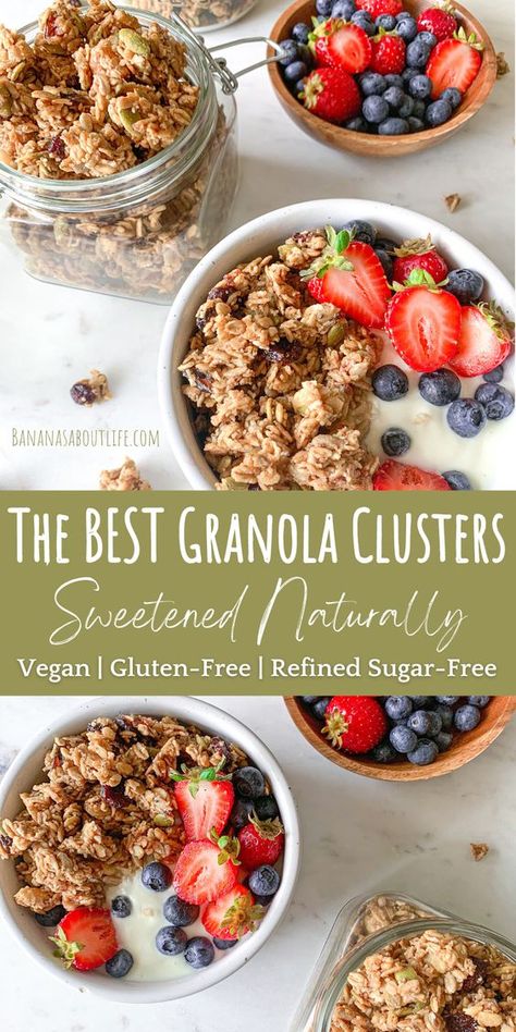 These healthy granola clusters are the BEST EVER! Soft and chewy with lots of crunchy nuts and seeds! Perfect for breakfast or to snack on! This clustery granola is gluten free, vegan and refined sugar free. Healthy Granola Clusters, Granola Clusters Recipe, Cereal Bars Homemade, Vegan Granola Recipe, Nut Free Granola, Sugar Free Granola, Tea Treats, Homemade Granola Healthy, Granola Recipe Healthy