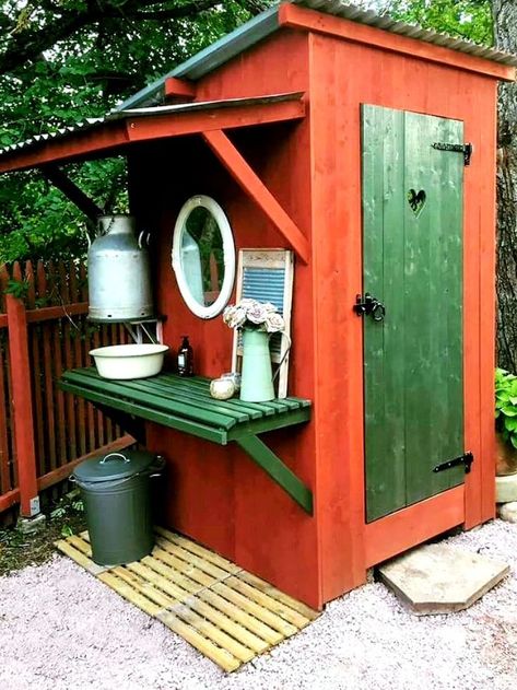 Outhouse Bathroom, Outside Toilet, Out Houses, Outhouse Decor, Outdoor Bathroom Design, Outdoor Toilet, Rock Landscaping, Outdoor Bath, Composting Toilet