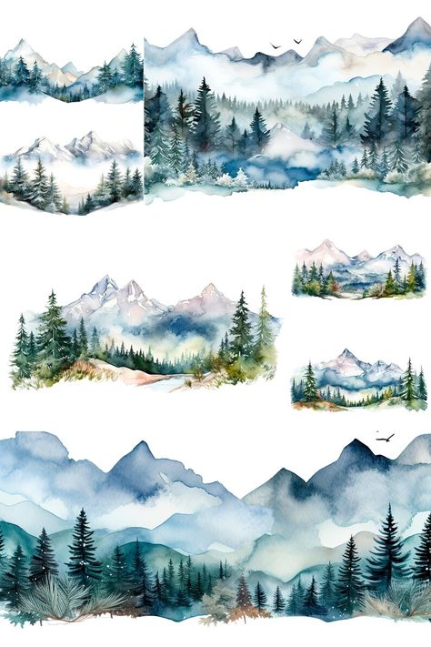 Watercolor Mountains Border Clipart Smoky Snowy Mountains - Etsy Snowy Mountains Watercolor, Watercolour Mountains, Mountain Sketch, Landscape Watercolour, Border Clipart, Mountain Landscape Painting, Foggy Forest, Diy Watercolor Painting, Watercolor Mountains