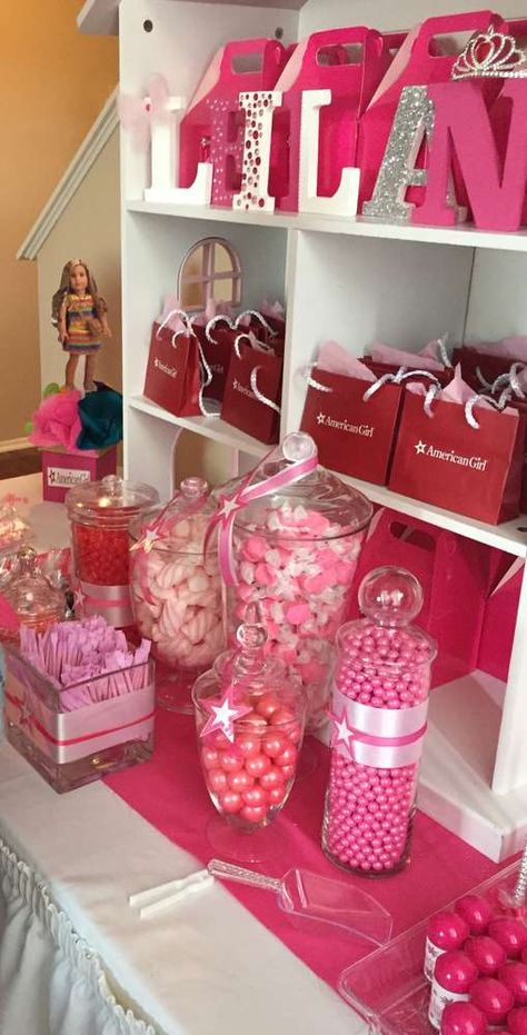 American Girl Birthday Party Ideas | Photo 10 of 10 Girl Birthday Party Ideas, Mean Girls Party, American Girl Birthday Party, American Girl Birthday, American Girl Parties, American Girl Diy, Girl Sleepover, Candy Station, American Girl Doll Crafts