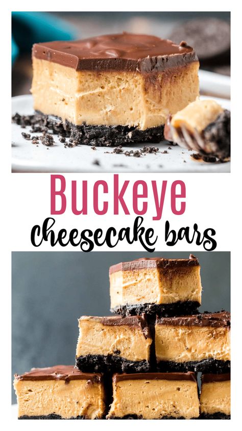 Cheesecake Bars Peanut Butter, No Bake Peanut Butter Cheesecake Bars, Reese’s Cheesecake Bars, Candy Bar Cheesecake Recipes, Cheesecake Bars Christmas, No Bake Buckeye Cheesecake Bars, Buckeye Desserts, Buckeye Cheesecake Bars, Cheesecake Bars Recipes