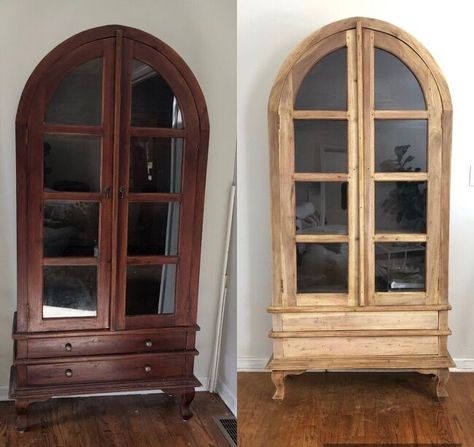 If you follow along on my Instagram you know that I am a sucker for an arch cabinet, especially ones like this one, with the legs and the drawers, its just beautiful. What isn't so beautiful about this piece is the dark stain, it just doesn't suit my style or my home. At first I wasn't sure what I wanted to do with this piece, however since I already have one that is painted I figured I would try to strip it down and see what was underneath that dark stain.I started using the method… Arch Cabinet, Chalk Paint Makeover, Hutch Makeover, Vintage Marquee, Dark Stain, Cabinet Makeover, Paint Remover, The Arch, Dark Stains