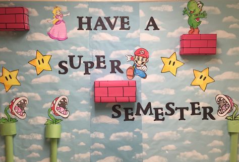 Super Mario Bulletin Board Funny Elementary Bulletin Boards, Super Mario School Bulletin Board, Princess Peach Bulletin Board, Roblox Bulletin Board Ideas, Mario Brothers Bulletin Board Ideas, Nintendo Bulletin Board, Anime Bulletin Board Ideas, Mario Bulletin Board Ideas, Nintendo Classroom Theme