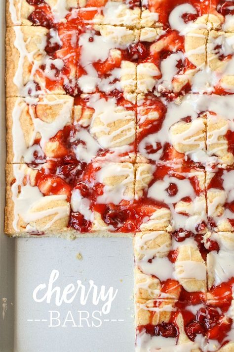 Delicious Cherry Bars topped with a heavenly glaze that has hints of almond extract. It will be your new favorite dessert! { lilluna.com } Cherry Pie Bars, Cherry Bars, Lemon Bars Easy, Cherry Desserts, Almond Extract, Cherry Recipes, Pie Bar, Lemon Bars, Brownie Bar