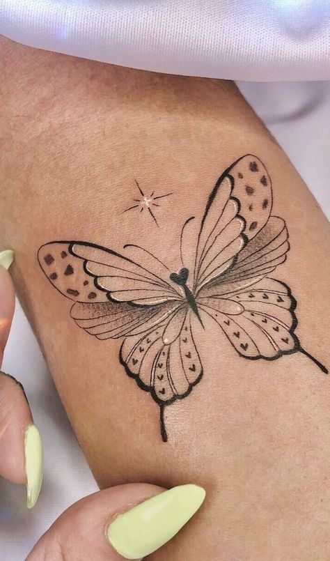 Light Butterfly Tattoo, Butterfly Shin Tattoo, Feminine Tattoos Arm, Butterfly Thigh Tattoo, Butterfly Tattoos On Arm, Unique Butterfly Tattoos, Hourglass Tattoo, Tattoos Arm, Elbow Tattoos