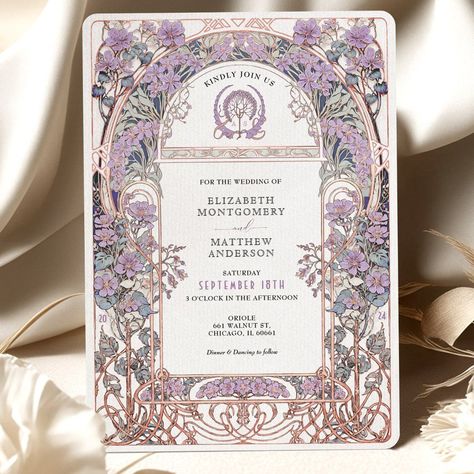 Plum & Lilac Art Nouveau Love Union Invitation Template Luxury Invite Design, Flowery Invitations, Wedding Invitations Flowers, Flowers Intertwined, Art Nouveau Wedding Invitation, Lilac Art, Lilac Wedding Invitations, Green Drawing, Art Nouveau Wedding