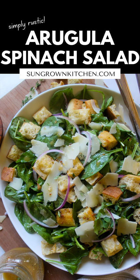 Spinach arugula salad with red onion, Parmesan cheese shavings, croutons and red wine vinaigrette. Arugula And Spinach Salad, Spinach And Arugula Recipes, Spinach Arugula Salad, Simple Arugula Salad, Cooked Arugula, Green Bean Salad Recipes, Arugula Recipes, Spinach Salad Recipes, Green Bean Salads