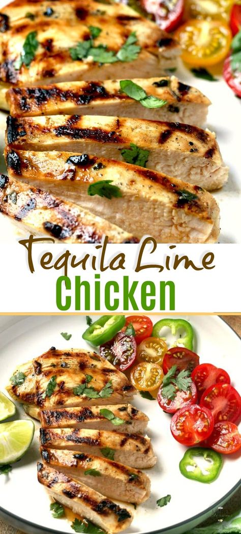 Tequila Lime Chicken is a quick and easy grilled chicken recipe everyone loves! Chicken breast marinates in lime juice, tequila, cilantro and spices resulting in tender and juicy grilled chicken! #dinner #grilled #tequila #marinade #burritos #tacos #recipe #easy #chickenbreast Tequila Marinade, Tequila Chicken, Grilled Chicken Dinner, Lime Marinade For Chicken, Tequila Lime Chicken, Grilled Chicken Breast Recipes, Juicy Grilled Chicken, Best Chicken Marinade, Grilled Chicken Recipes Easy