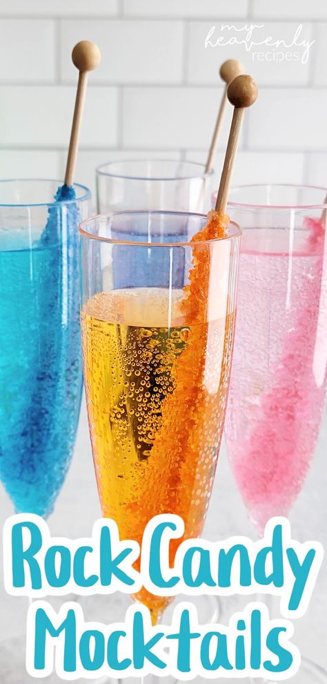 Rock Candy Drinks For Kids, Christmas Sides For Kids, Rock Candy Drinks Cocktails, New Years Eve Mocktail Recipe, Fun Themed Drinks, New Year’s Eve Birthday Party For Kids, Rock Candy Mocktail, Kids Nye Drinks, Drinks With Rock Candy