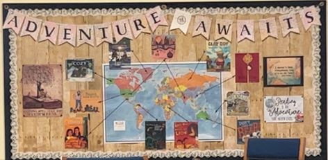 Adventure awaits bulletin board with a map in the center. Books are placed around the map with yarn attached to the place on the map where the story took place. Read Around The World Bulletin Board, Study Abroad Bulletin Board, Adventure Awaits Bulletin Board Ideas, Adventure Library Display, Adventure Library Theme, Travel Theme Bulletin Board, Adventure Awaits Bulletin Board, Adventure Bulletin Board Ideas, Adventure Begins At Your Library