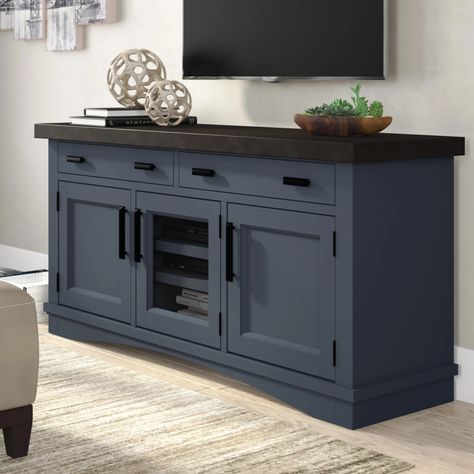 Sand & Stable Abalone TV Stand for TVs up to 70" & Reviews | Wayfair Navy Tv Stand, Painted Tv Cabinet, Costal Farmhouse, Painted Tv Stand, Blue Tv Stand, Beachy House, Basement Redo, Rumpus Room, Farmhouse Tv