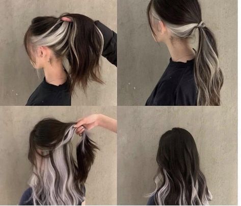 silver, hair, ponytail, dye Brown And Silver Hair, Brown Hair With Silver Highlights, Under Hair Color, Black And Silver Hair, Purple Blonde, Dyed Hairstyles, Silver Hair Dye, Underneath Hair Color, Hair Color Inspiration