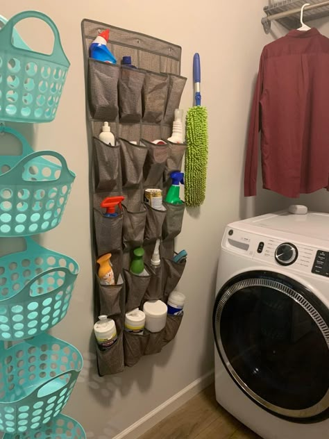 Small Laundry Area Organization, Wash Room Organization Ideas, Cleaning Cloth Organization, Diy Apartment Shelves, Small Living Room Toy Storage Ideas, Organization Ideas For The Home Laundry, Dollar Tree Laundry Room Organization, Mobile Home Storage, Cheap Organizing Ideas