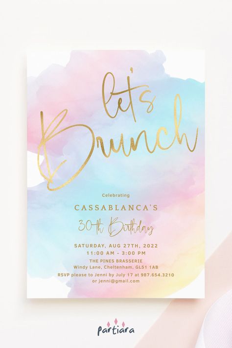 Self-editable 5x7" invite - follow the link for details and free demo! ♦ Easily edit online in your browser then download and print or send digitally ♦ Brunch is never stale when sprinkled with rainbow flare, make it a ladies birthday to remember with this pastel gold invite ♦ #brunchinvitation #birthdaybrunch #brunchpartyinvite #pastelbrunchparty #birthdayinvitations #partyinvitations #ladiesbrunch #teengirlsbrunch Breakfast Birthday Party Invitations, Tenth Birthday Invitations, Brunch Invitations Template, Birthday Brunch Invite Template, 30th Birthday Brunch Invitations, Ladies Brunch, Teen Girl Birthday, Champagne Brunch, Brunch Decor