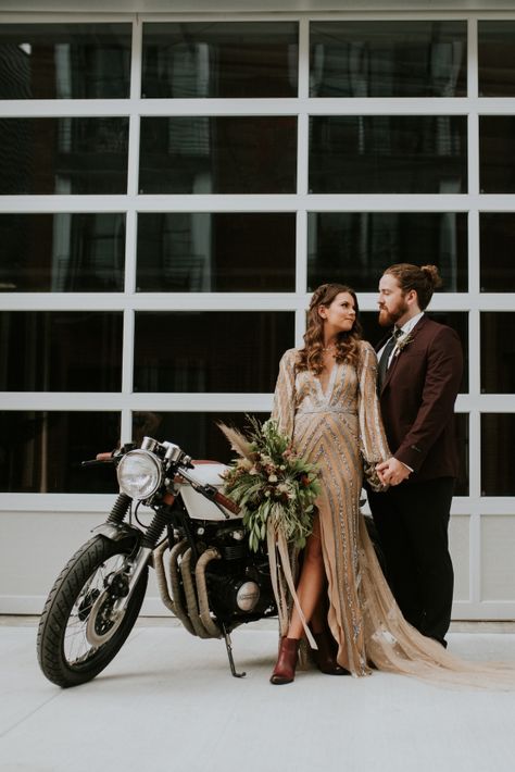 Cidery Wedding, Motorcycle Wedding Pictures, Hip Wedding, Rue De Seine Wedding Dress, Bike Wedding, Motorcycle Wedding, Biker Wedding, Eclectic Wedding, On Motorcycle