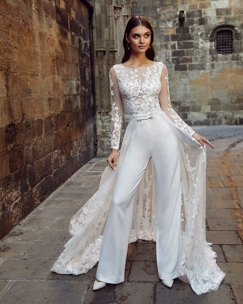 Wedding Gown, Cape, Jumpsuit, Lace, White