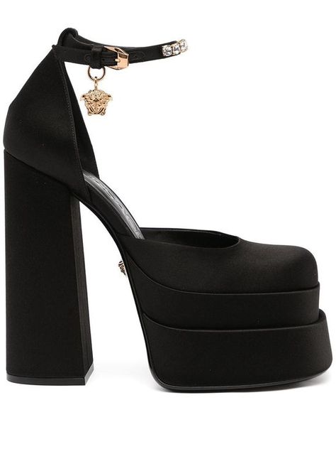 Medusa Platform Versace, Black Heels Versace, Farfetch Platform Heels, Versace Block Heels, Versace Satin Platform Pumps, Black Versace Heels, Farfetch Outfits, Versace Medusa Heels, Versace Medusa Platform