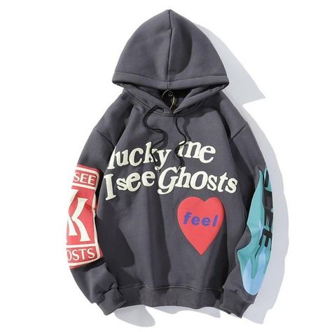 I See Ghosts Hoodie, Lucky Me I See Ghosts, I See Ghosts, Lucky Me, Casual Cargo Pants, Loose Hoodie, Couples Sweatshirts, Letter Print Hoodie, Oversize Casual