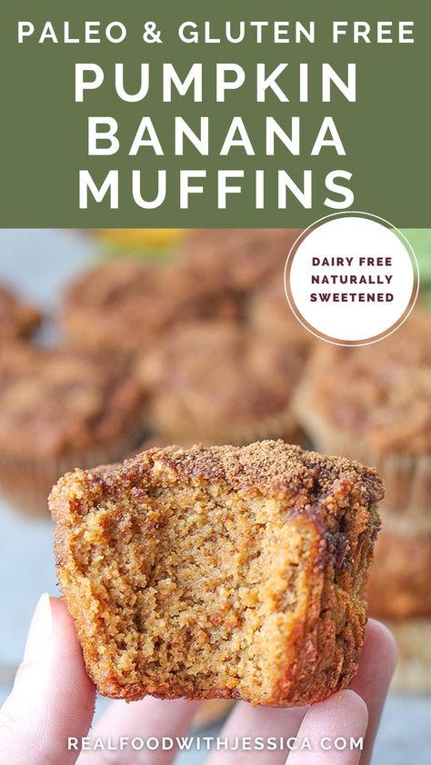 Combining pumpkin and banana makes for one truly delicious muffin! They have just the right balance of both flavors. The distinct banana flavor and the warm pumpkin pie spices makes them so good. Gluten free, dairy free, and naturally sweetened. Pumpkin Banana Muffins, Paleo Breads, Gluten Free Banana Muffins, Paleo Snack, Best Paleo Recipes, Paleo Foods, Paleo Recipes Breakfast, Paleo Recipes Dessert, Paleo Baking