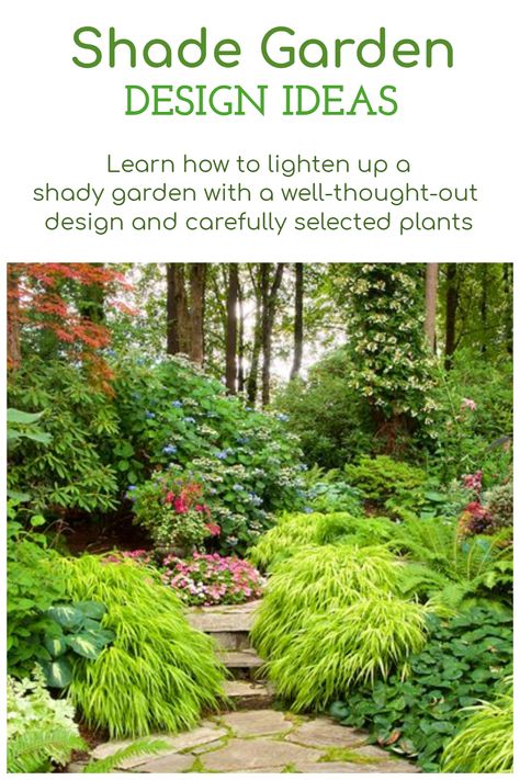 Have a shady section of your garden? These tips and ideas will help you design a shade garden including plants and more. #shadegarden #gardendesign Shade Garden Walkway, Shade Garden Zone 9 Yards, Shaded Hillside Landscaping Ideas, Shade Loving Landscaping Ideas, Shade Garden Paths Walkways, Shade Plants Under Trees Garden Design, Garden Planning Layout Shade, Landscape Design Front Of House Shade, Shade Slope Landscaping