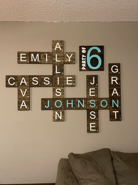 Family Wall Gallery, Scrabble Wall Decor, Scrabble Wall Art, Scrabble Wall, Name Wall Decor, Wood Tiles, Minwax Stain, Wall Decor Farmhouse, Family Wall Decor