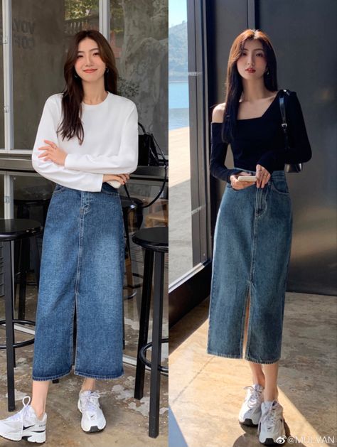 Demin Skirt Outfit, Skirt Outfits Korean, Jean Skirt Outfits, Cute Modest Outfits, Denim Skirt Outfits, Cute Skirt Outfits, Clothes Korean Style, Maxi Skirt Outfits, Modest Dresses Casual