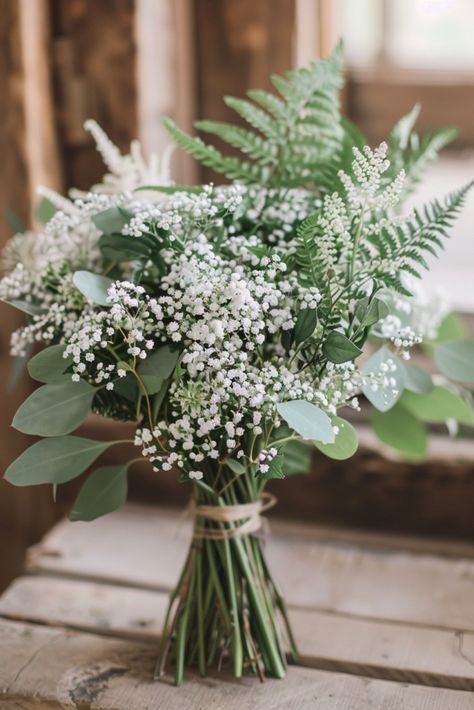 Baby’s Breath and Mixed Greenery, Ferns, and Eucalyptus Greenery Wedding Bouquet Bouquet For Green Wedding, Greenery Only Wedding Bouquet, Moss Bouquet Wedding, Fern And Eucalyptus Bouquet, Simple Greenery Wedding Bouquet, Greenery Wedding Cake Eucalyptus, Bouquet Wedding Green And White, Bride Bouquets With Eucalyptus, Dark Green Flower Arrangements