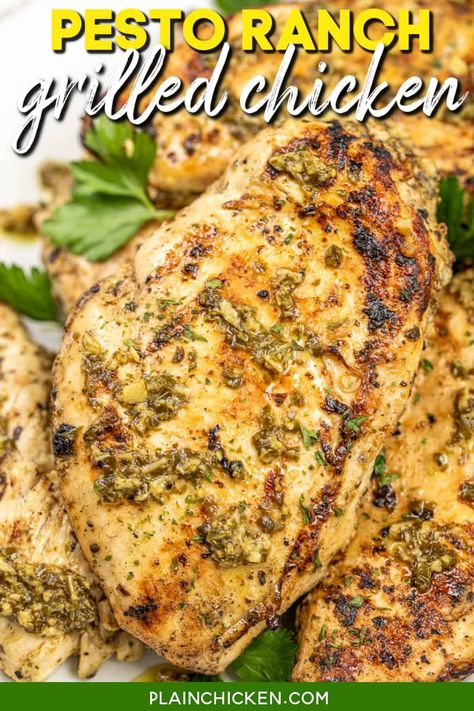 Pesto Ranch Chicken Recipe - so easy to make and it tastes great! Only 5 ingredients in the marinade – olive oil, Ranch, pesto sauce, Worcestershire, and garlic. Marinate overnight for maximum flavor. We always double the recipe and there are never any leftovers! Such a delicious quick and easy chicken recipe! Pesto Chicken Drumsticks, Recipes That Use Pesto, Pesto Chicken Marinade, Pesto Chicken Recipes, Pesto Grilled Chicken, Pesto Ranch Chicken, Grilling 101, Plain Chicken Recipe, Recipes For The Grill