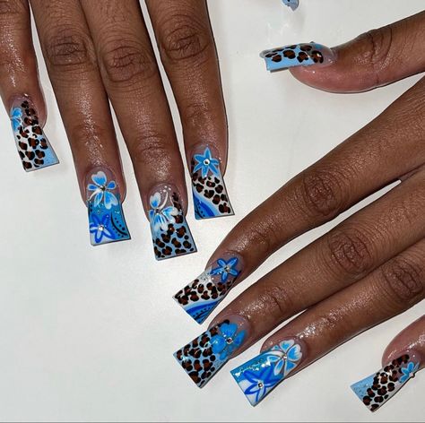 Mc Bling Nails, Blue Duck Nails, Duck Nails Y2k, Y2k Duck Nails, Leopard Print Nail Designs, Mc Bling, Leopard Print Nail, Nails Charms, Y2k Leopard Print