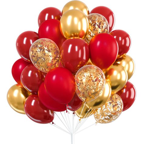 PRICES MAY VARY. Package Specification: 50 Pcs Balloons Gold Red Set Includes The Following Latex Balloons - 10 Inch Burgundy Balloons With One Metallic Gold Balloons Inside (10 Pcs); 10 Inch Ruby Red Balloons (25 Pcs), 12 Inch Gold Metallic Balloons (10 Pcs), 12 Inch Gold Confetti Balloons (5 Pcs). Confetti Will Naturally Moves Toward The Gravity Direction, Spray A Little Bit Of Water Into The Balloons Before Inflating Or Rub The Confetti With Hands Repeatedly Non-Toxic & Safe: Astm (American S Red And Gold Party Decorations, Red And Gold Balloons, Red And Gold Party, Burgundy Balloons, Burgundy Party, Confetti Balloons Birthday, Gold Party Decorations, Gold Confetti Balloons, Metallic Balloons