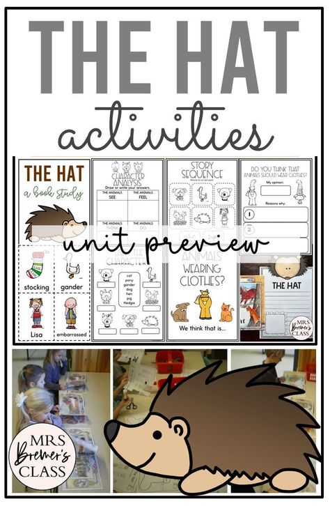 The Hat Jan Brett book activities unit with literacy printables, reading companion activities, lesson ideas and a craft for winter in Kindergarten & First Grade The Hat Book Activities, Jan Brett The Hat, Winter Literacy Centers, Book Study Activities, First Grade Books, Jan Brett, Kindergarten Reading Activities, Kindergarten Books, Read Aloud Books